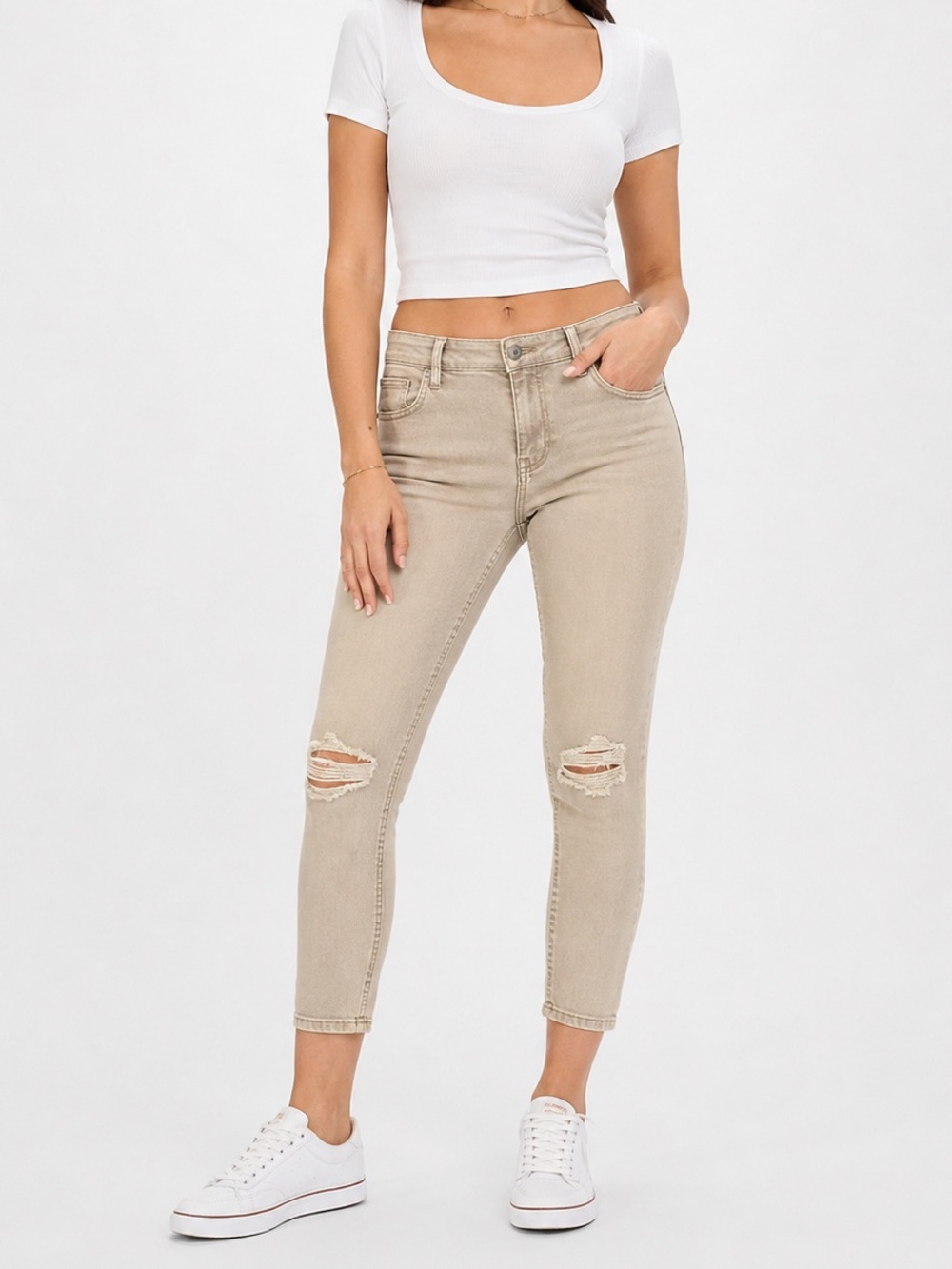 American Eagle Jegging Crop Super Stretch Distressed Jeans Beige Tan Size 12‎